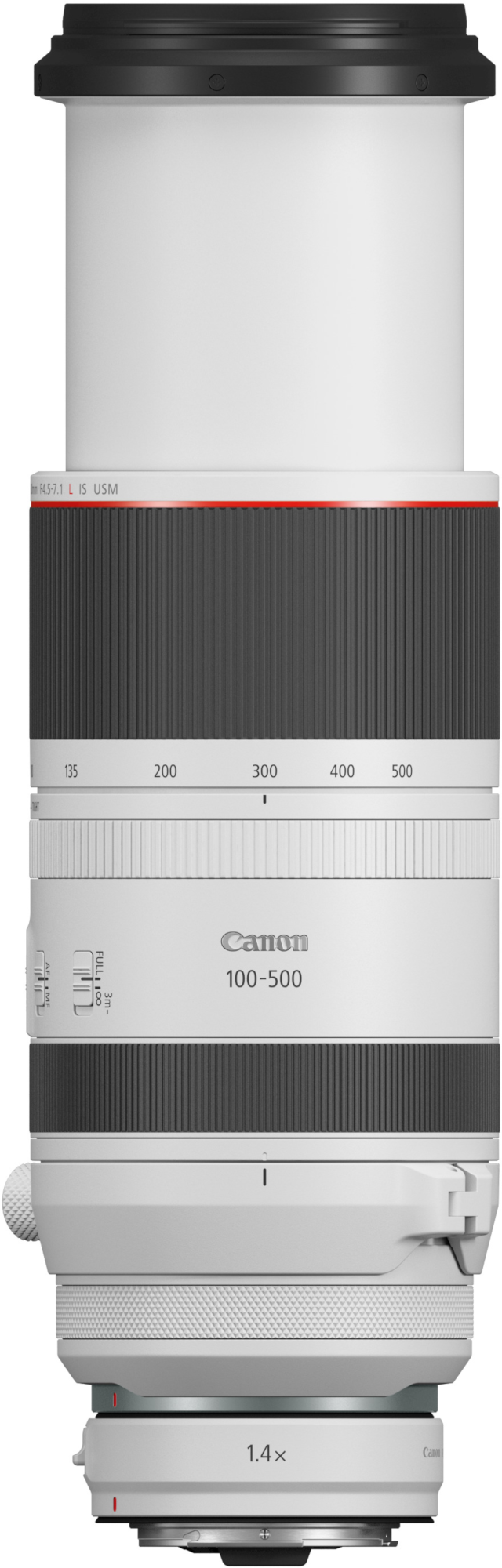Ein Canon 100-500 Objektiv mit weißem Gehäuse und rotem Akzent.
