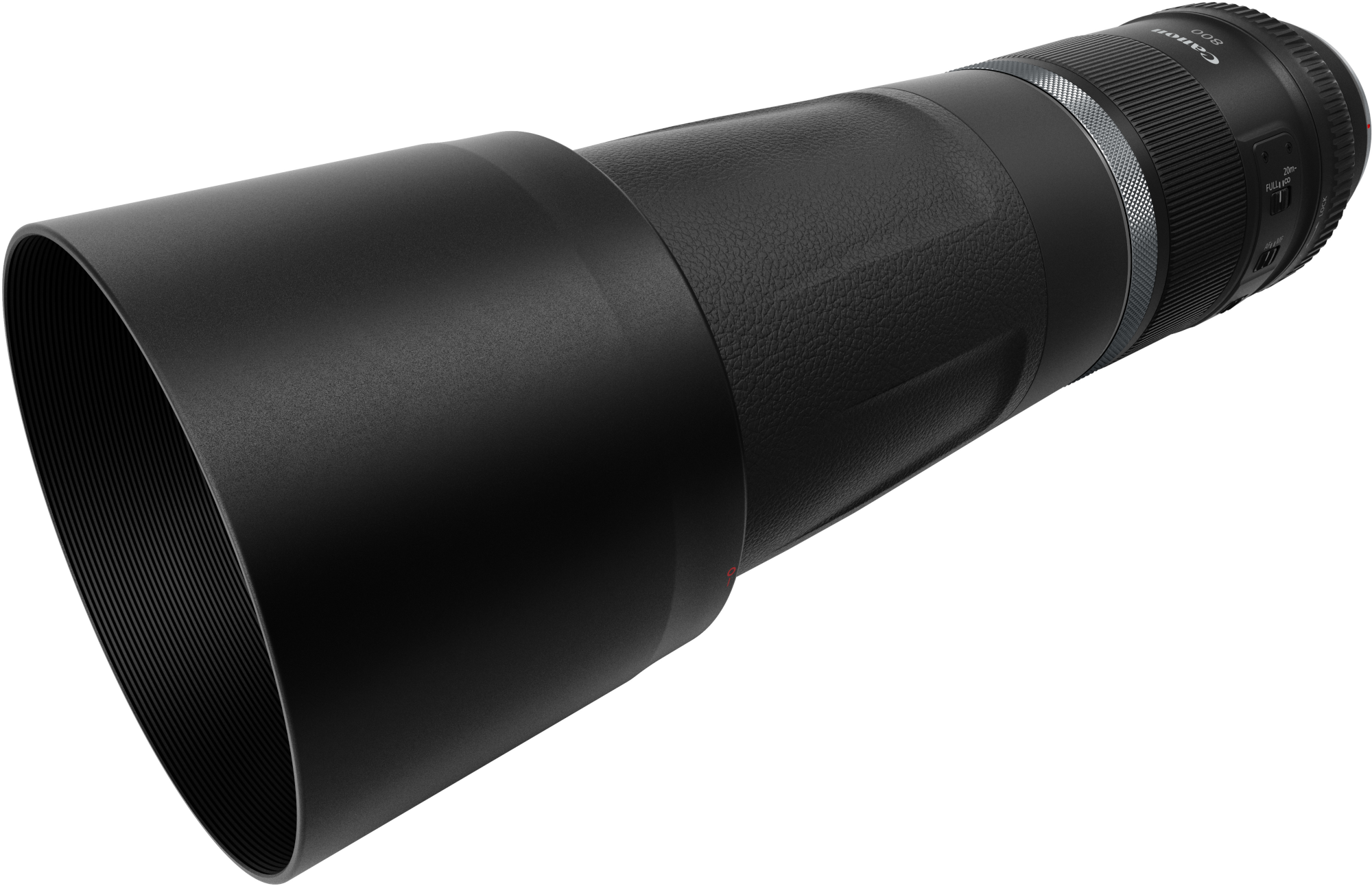 Ein langes, schwarzes Canon-Objektiv mit Gegenlichtblende.