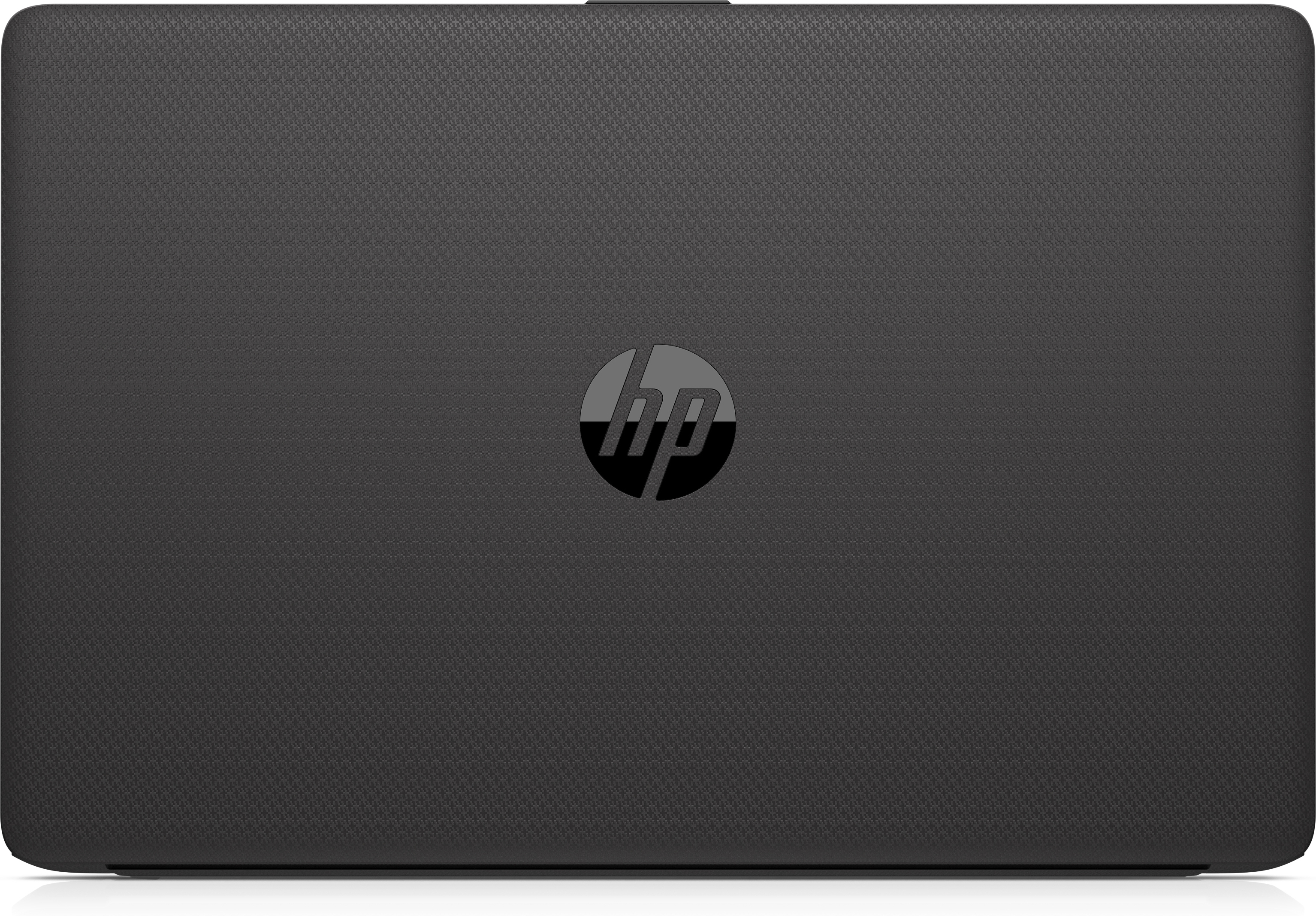 Vista superior de un portátil negro cerrado con el logotipo de HP en el centro.