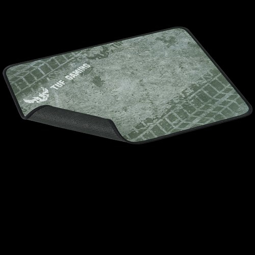 Alfombrilla de ratón para juegos verde y gris con texto y gráficos blancos, fondo negro.