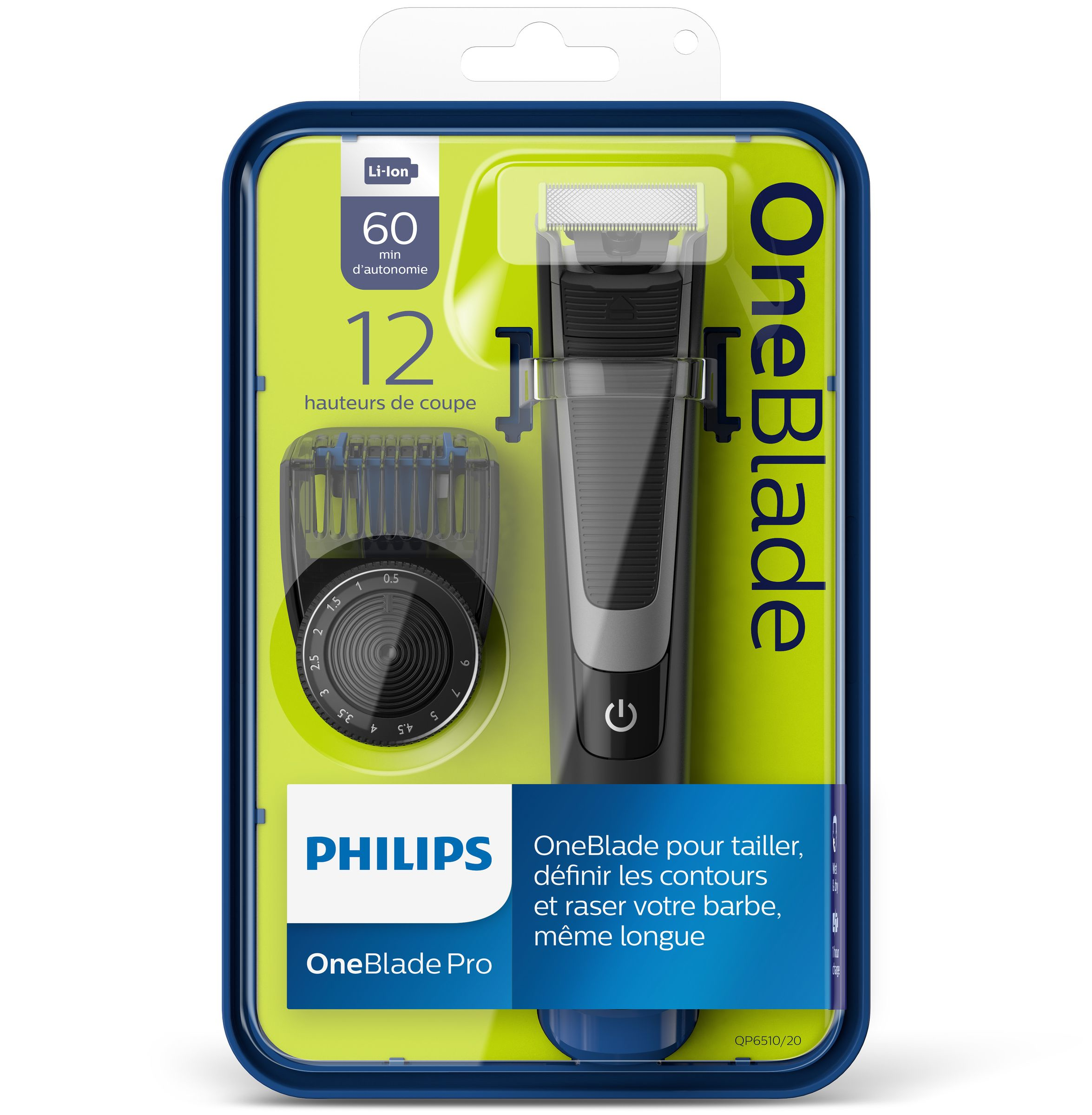 Embalaje Philips OneBlade Pro: un recortador, cuchillas y texto, sobre un fondo azul y amarillo.