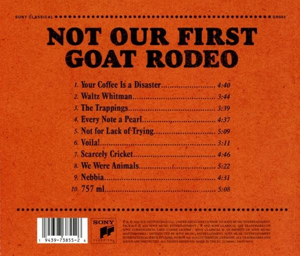 Album borító. Narancssárga háttér fekete szöveggel, a 'NOT OUR FIRST GOAT RODEO' címmel és a számlistával.