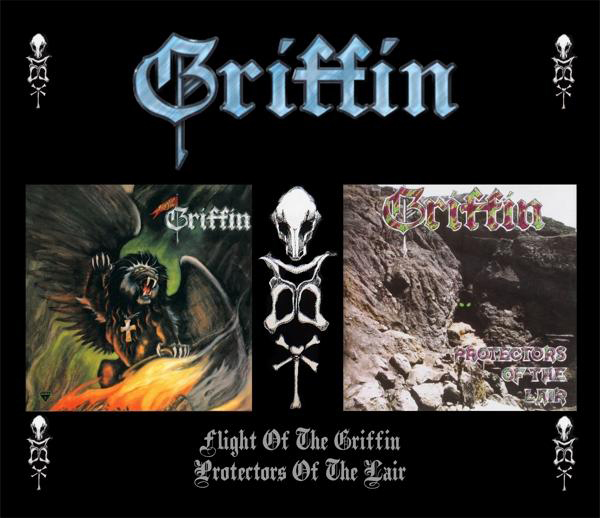 Griffin Albumcover-Art. Eins mit einem Löwen, das andere mit einer Höhlen-Szene. Schwarz.
