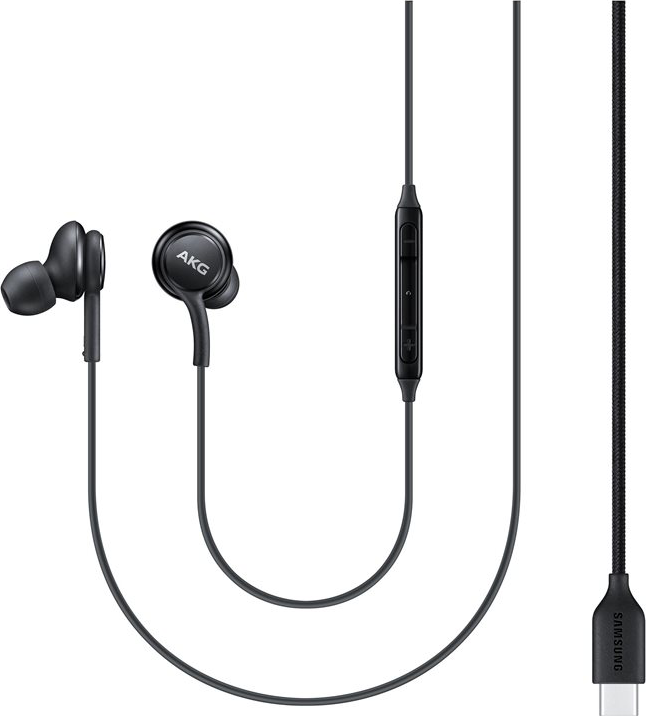 Schwarze AKG In-Ear-Kopfhörer mit USB-C-Anschluss und Fernbedienung.