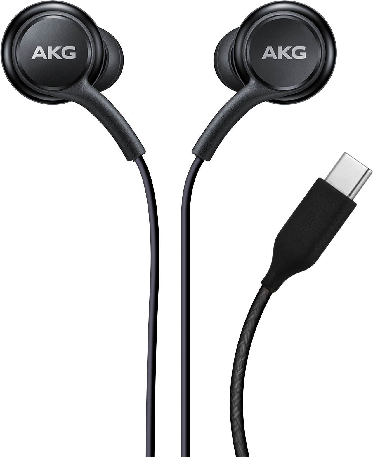 Schwarze AKG-Kopfhörer mit USB-C-Anschluss. Die Ohrhörer und das Kabel sind schwarz.