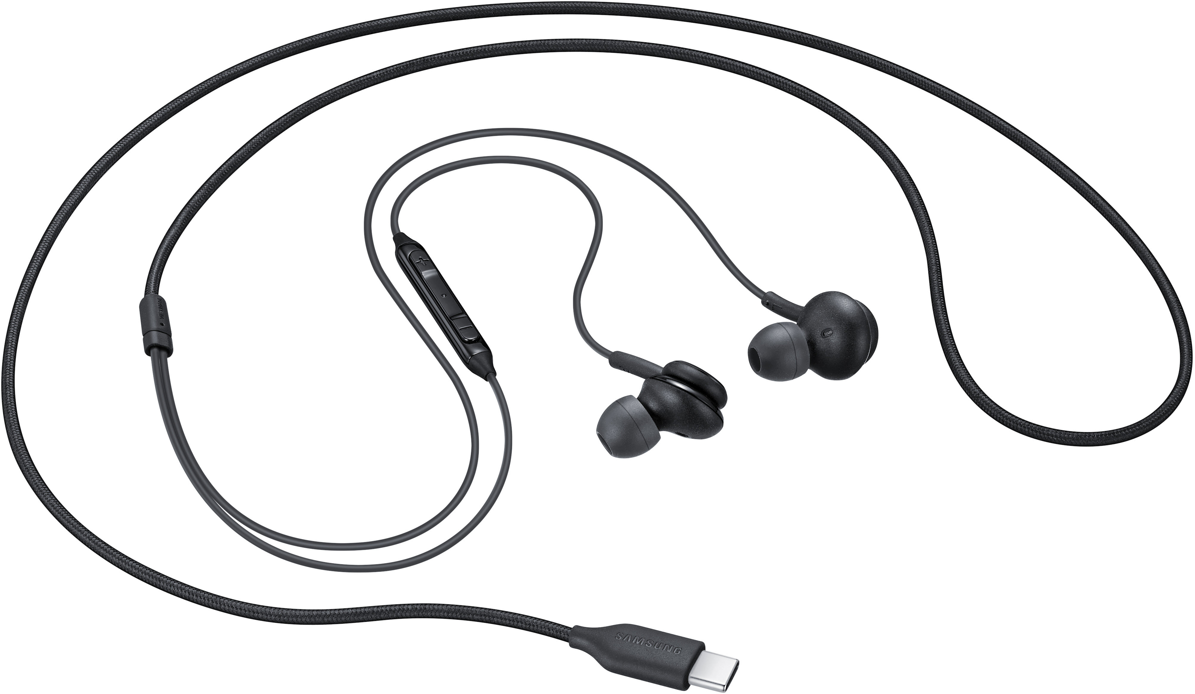 Schwarze Samsung-Kopfhörer mit USB-C-Anschluss und Lautstärkereglern.