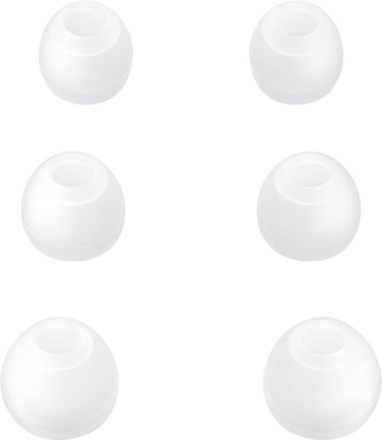 Six embouts d'écouteurs blancs sur fond blanc, disposés en deux rangées de trois, chacun avec un trou.