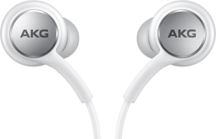 Paire d'écouteurs AKG blancs avec des accents argentés sur fond blanc, design simple et épuré.