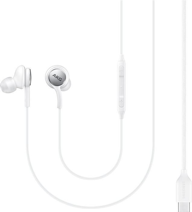 Écouteurs AKG blancs avec une télécommande intégrée.