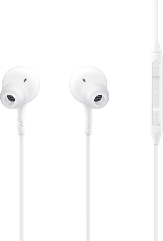 Écouteurs Samsung blancs avec commande et fil blancs. Les écouteurs sont sur fond blanc.