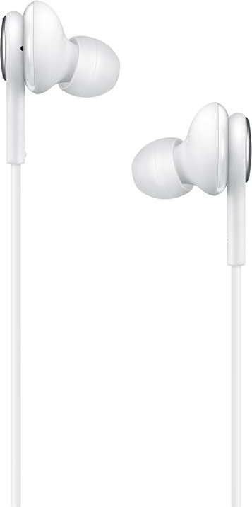 Écouteurs intra-auriculaires blancs. Les écouteurs et le câble de connexion sont tous blancs.