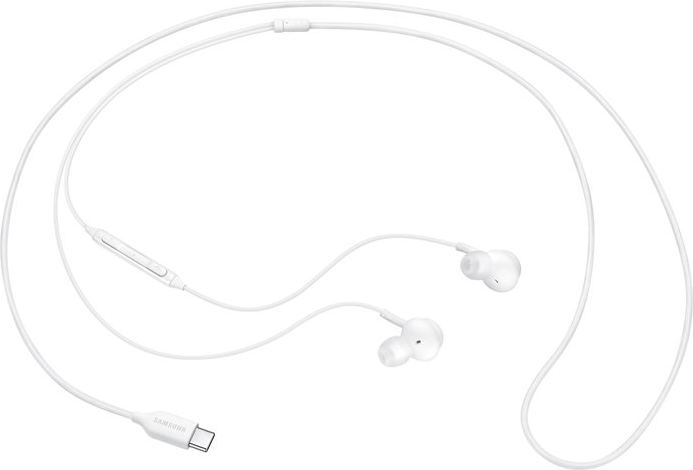Écouteurs Samsung blancs avec un fil blanc et un connecteur USB-C.