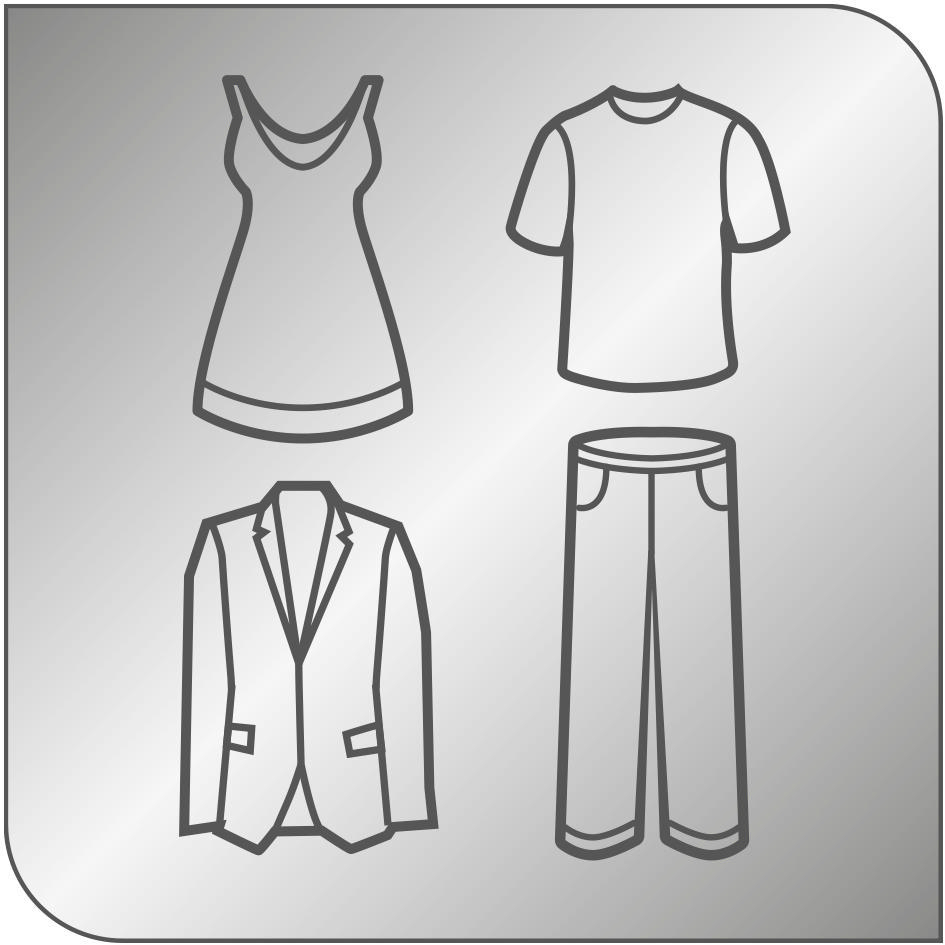 Strichzeichnung verschiedener Kleidungsstücke: Kleid, T-Shirt, Blazer und Hose auf grauem Grund.