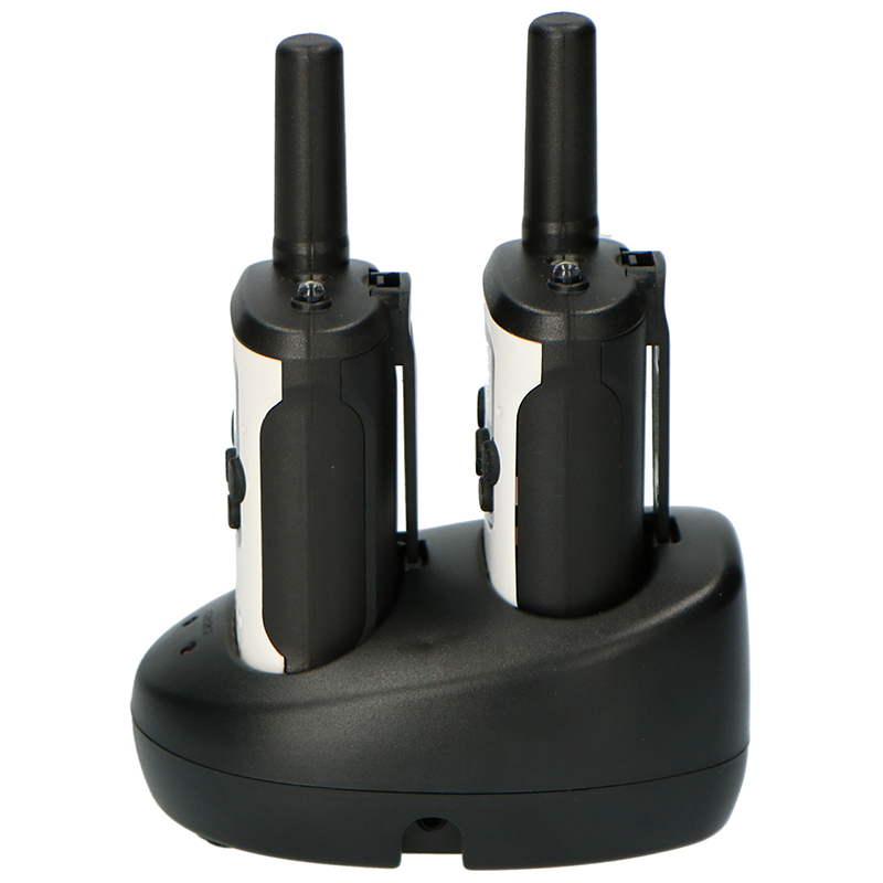 Two walkie-talkies on a black charging base. White and black.