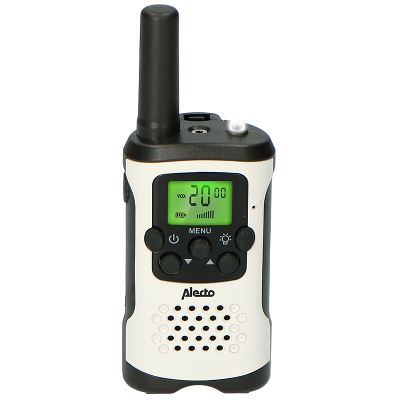 A black and white walkie-talkie with a screen showing the number 2000 and other controls.