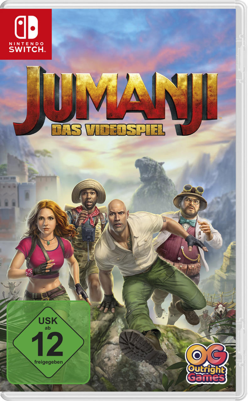 Jumanji-Videospielbox mit Schauspielern und dem Spieletitel. Die Bewertung ist USK 12.