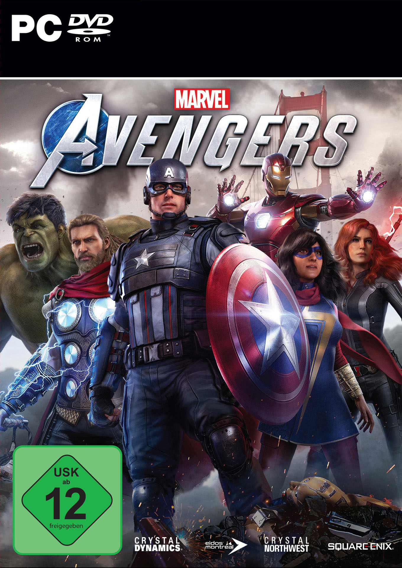 DVD-Cover des Marvel Avengers-Spiels. Avengers-Charaktere vor einer Stadtlandschaft.