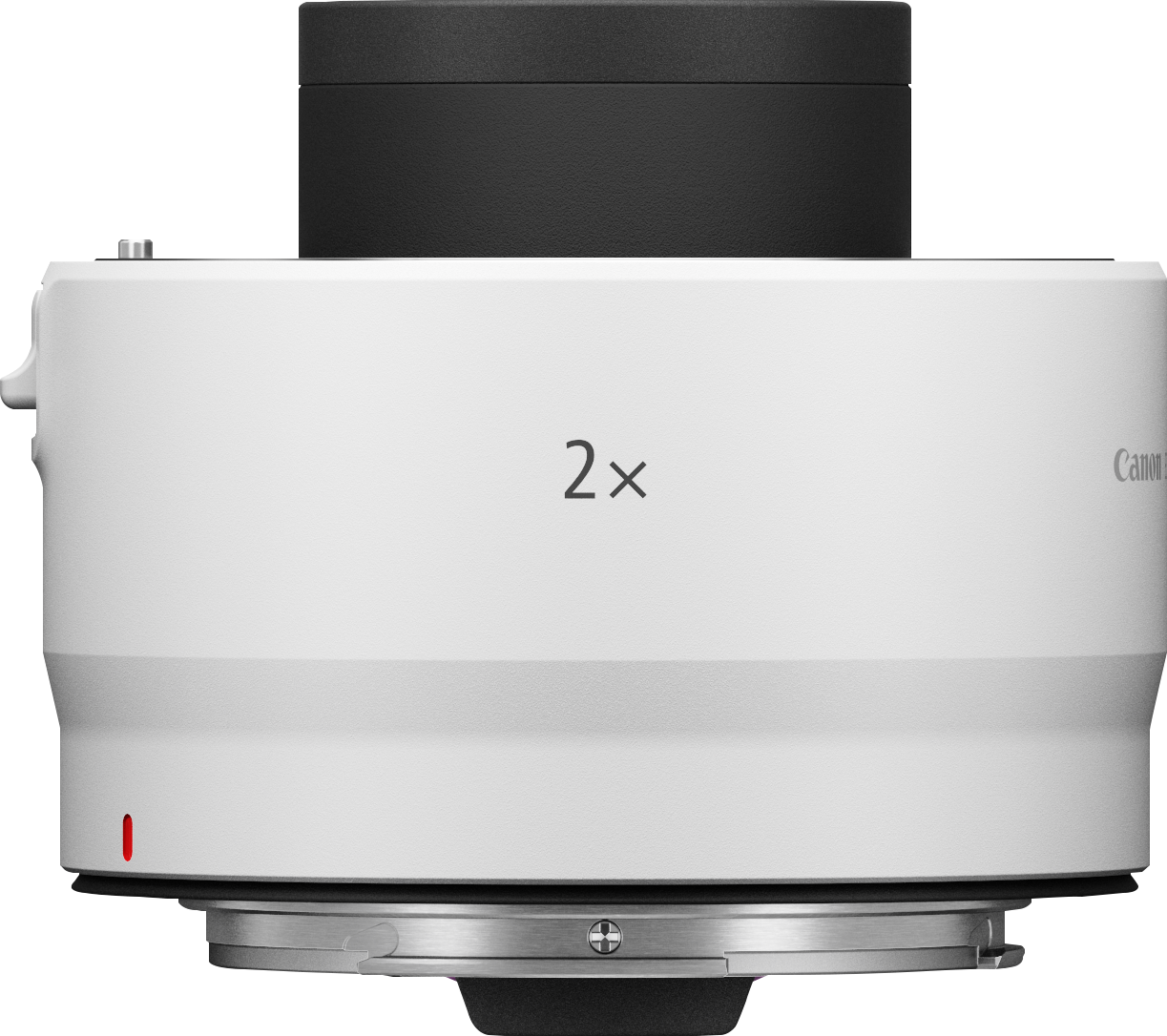 Ein weißes Canon-Objektiv mit "2x" und Canon-Branding, von der Seite betrachtet.