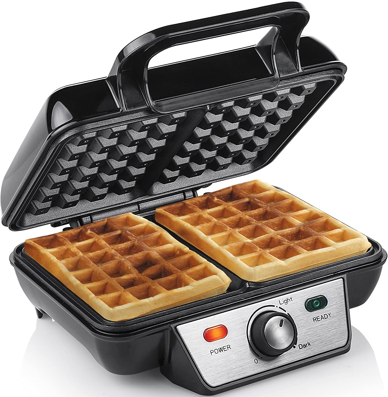 Schwarzes Waffeleisen. Zwei Waffeln innen, goldbraun. Strom- und Bereitschaftsleuchten.
