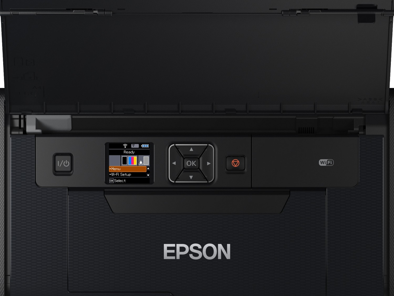 Egy fekete Epson nyomtató, vezérlőpanellel és az Epson logóval látható.