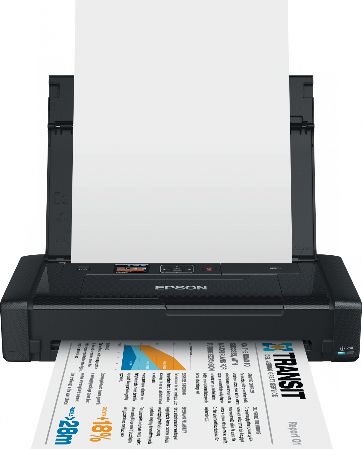 Fekete Epson nyomtató, amely színes diagramokkal és szöveggel rendelkező dokumentumot nyomtat.