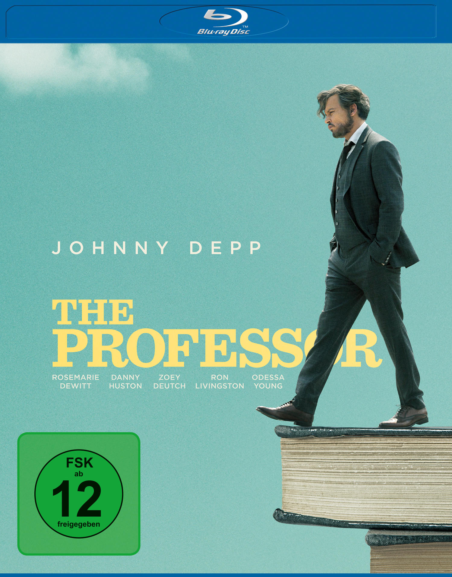 DVD-Cover von 'The Professor' mit Johnny Depp, der auf Büchern steht, auf türkisem Hintergrund.
