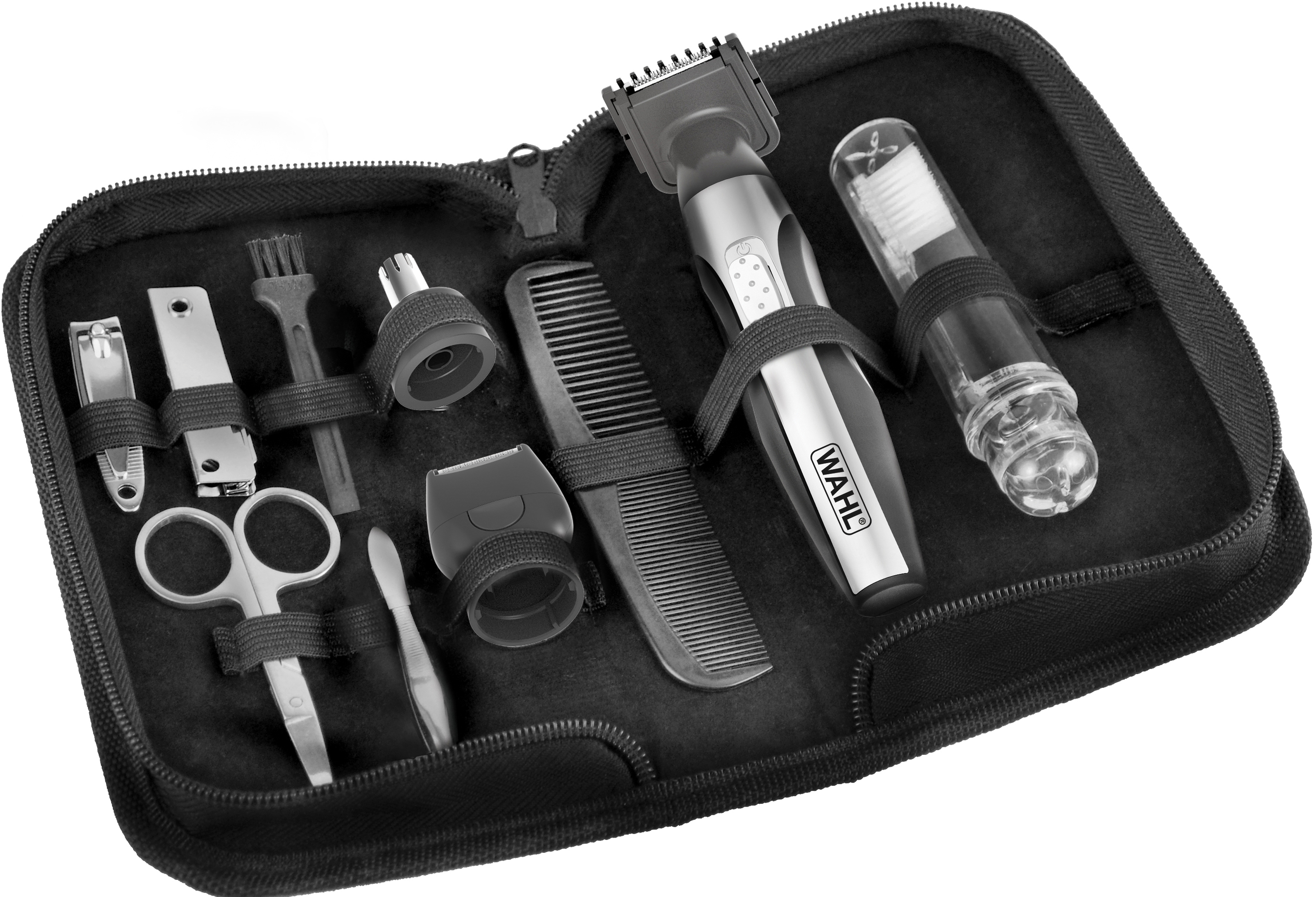 Un kit di toelettatura nero in una custodia con cerniera.