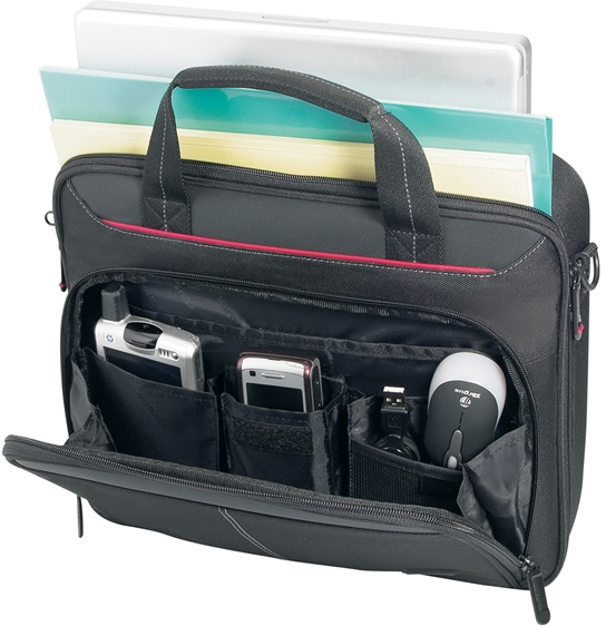Fekete laptop táska, nyitva, laptopot, fájlokat, telefont, egeret és kiegészítőket mutatva.