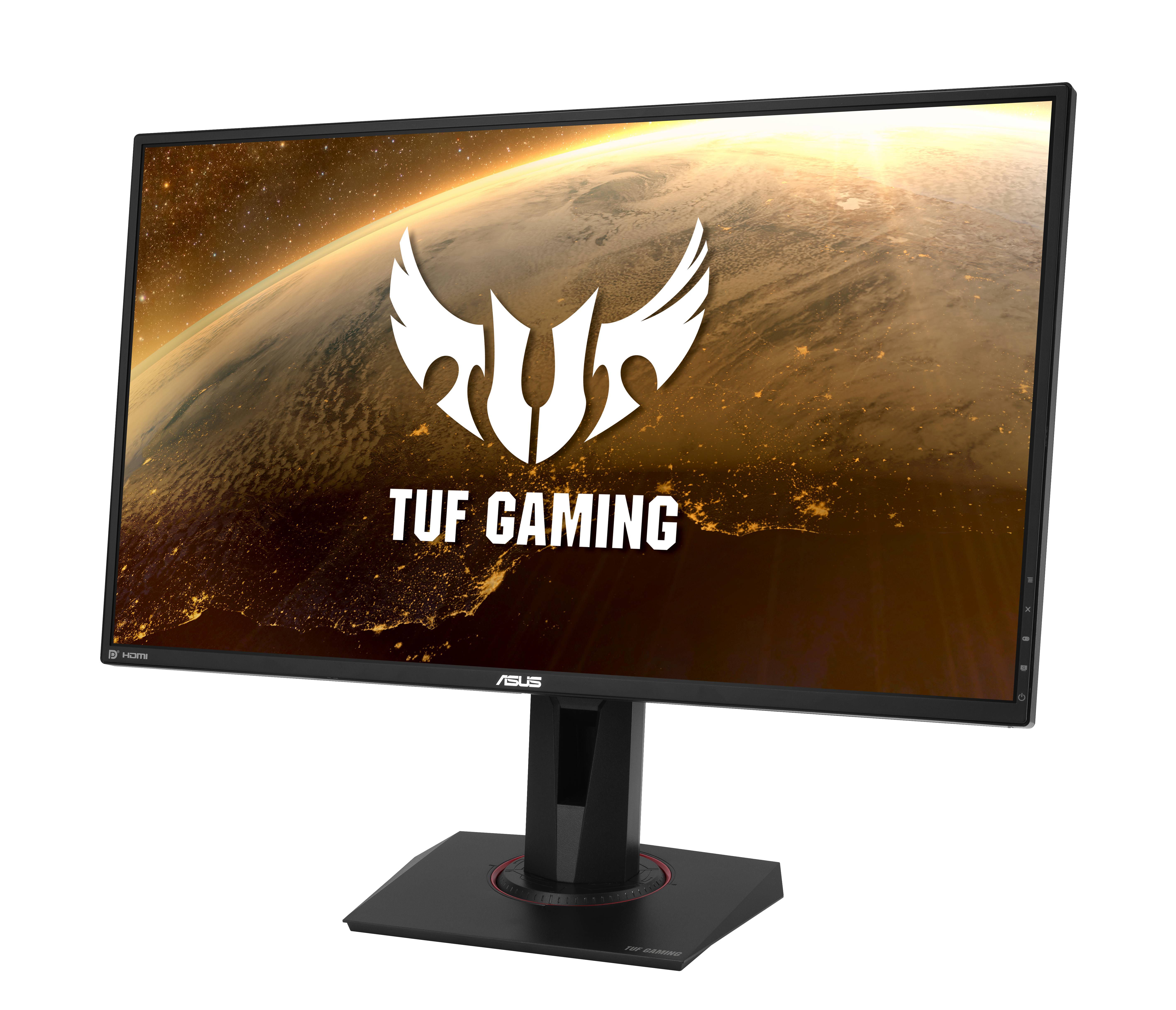Asus TUF Gaming Monitor, schwarz mit Logo, zeigt eine verschwommene Erde-Szene, auf weißem Hintergrund.