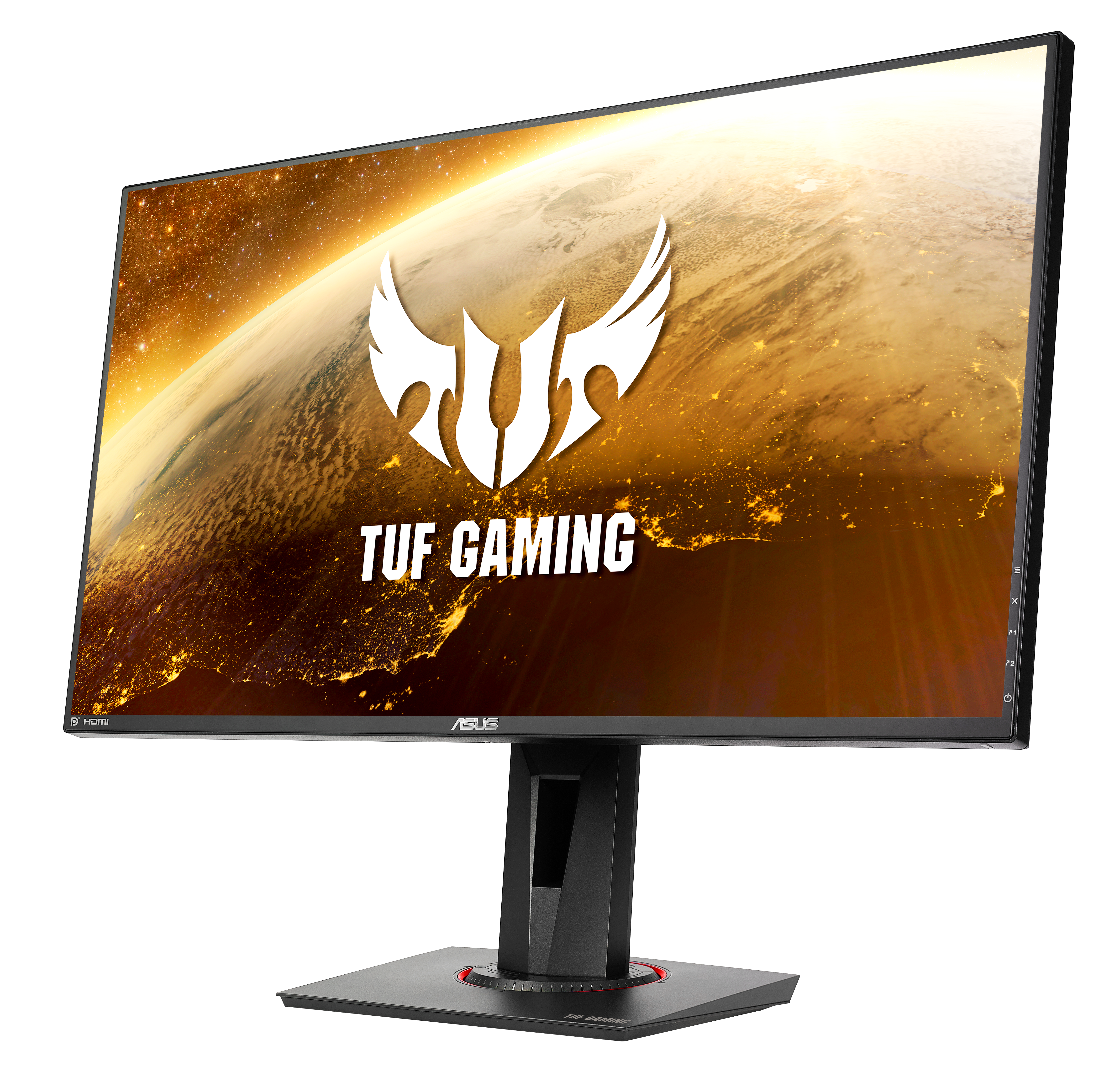 Ein Computermonitor zeigt eine Weltraumszene mit dem TUF GAMING-Logo. Er steht auf einem schwarzen Ständer.