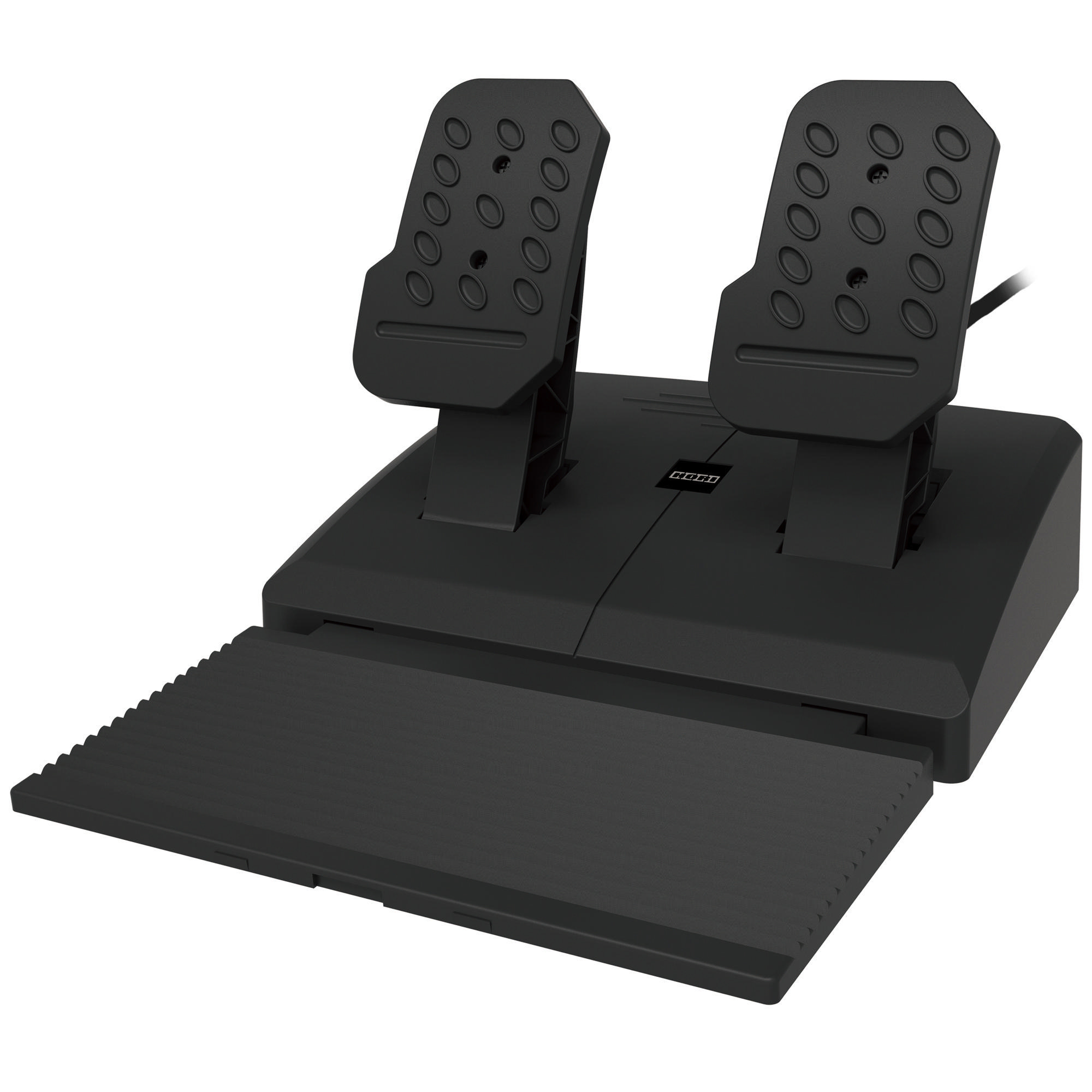 Schwarze Rennspielpedale mit Fußstütze, aus niedrigem Winkel gesehen.