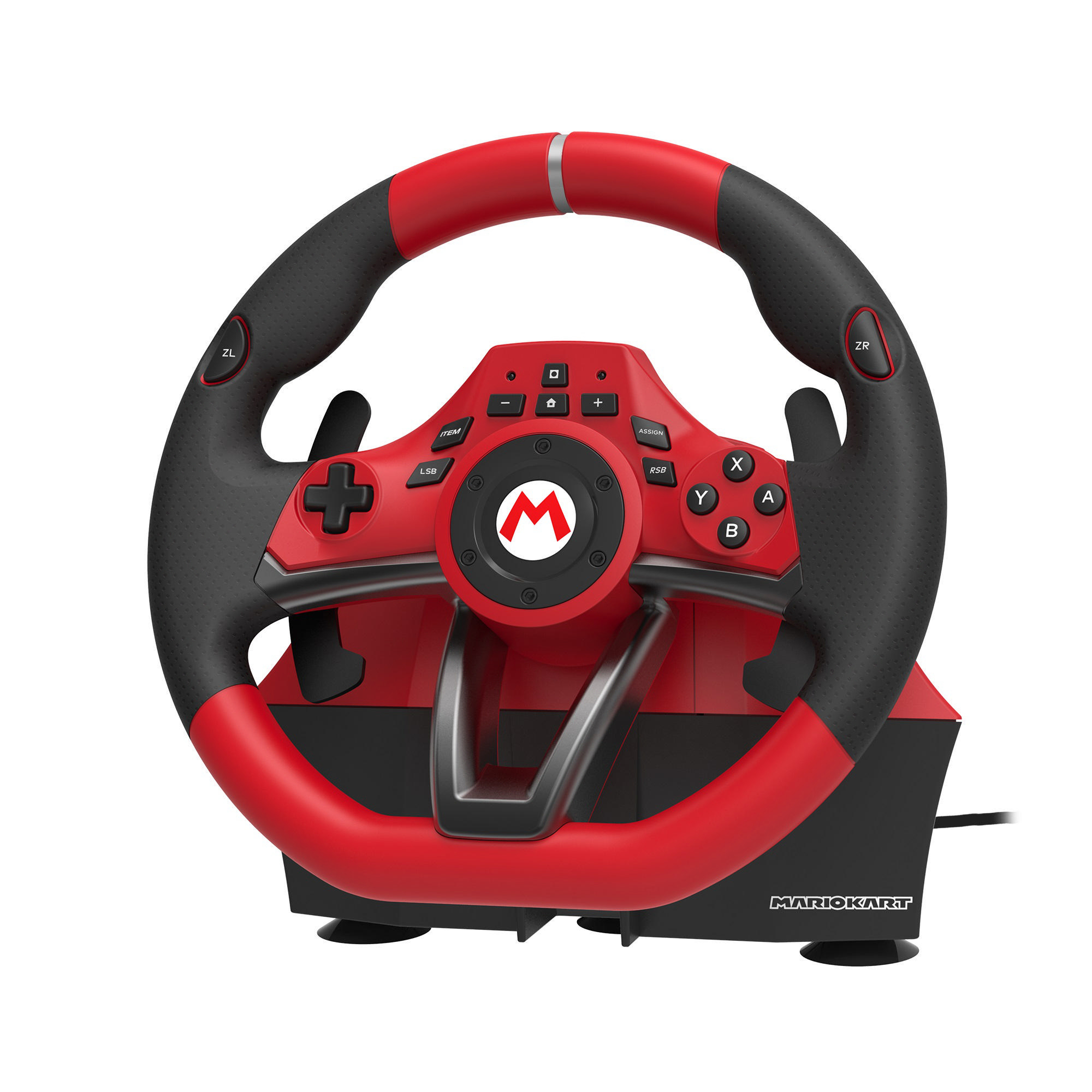 Roter und schwarzer Mario Kart Lenkrad-Controller mit Knöpfen und einem Mario Kart Logo. Weißer Hintergrund.