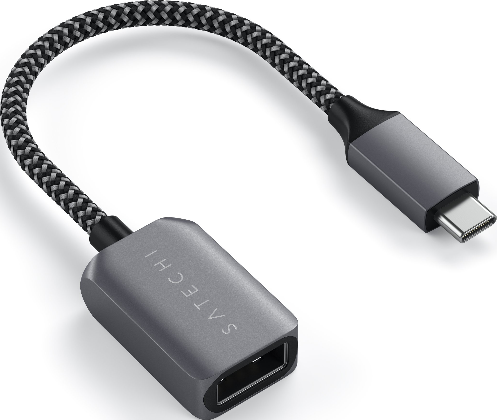 Graues USB-C-auf-USB-Adapterkabel mit einem schwarz-grauen geflochtenen Kabel.
