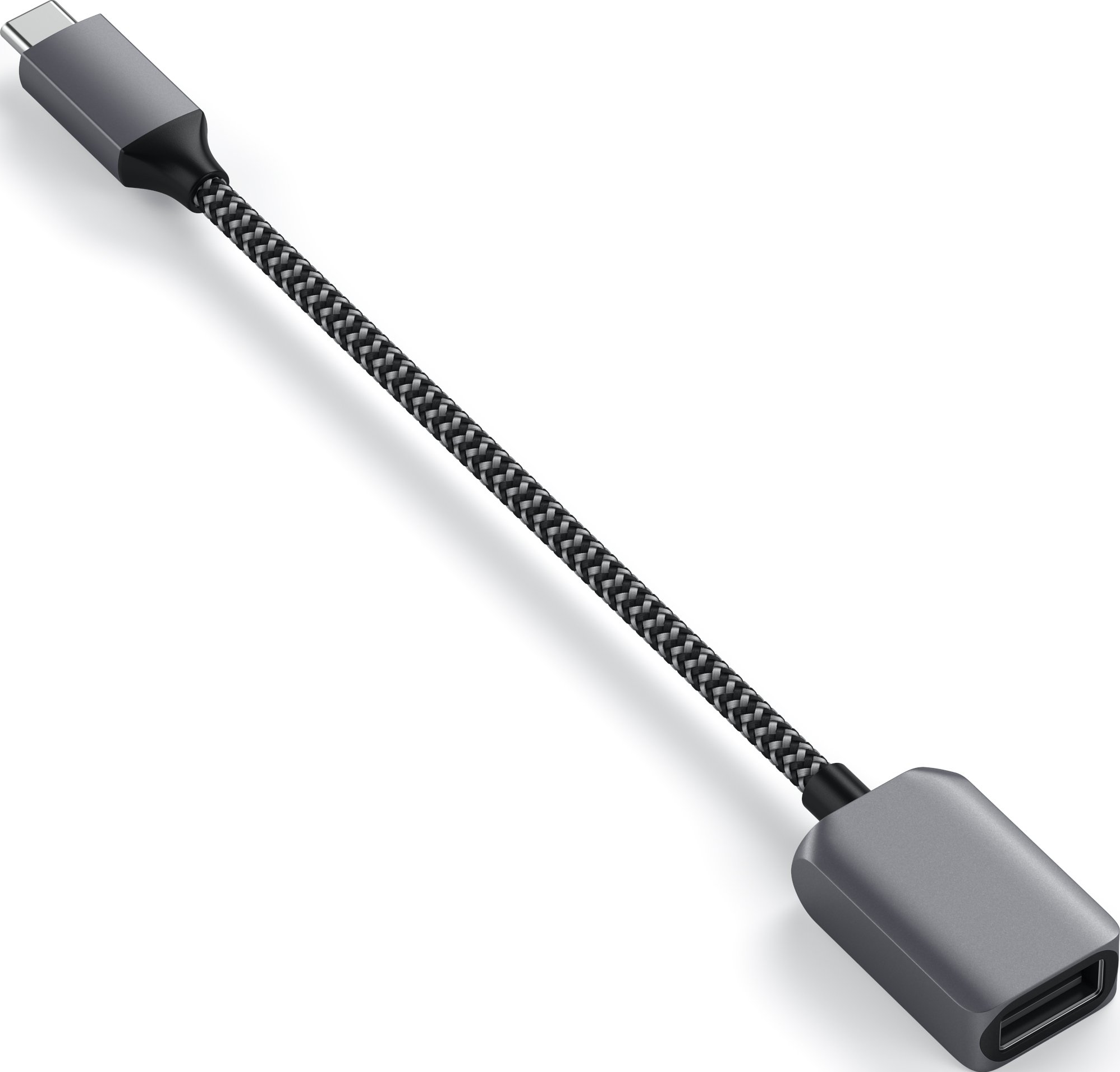 USB-C-auf-USB-Adapterkabel. Graue Anschlüsse und schwarzes Kabel.