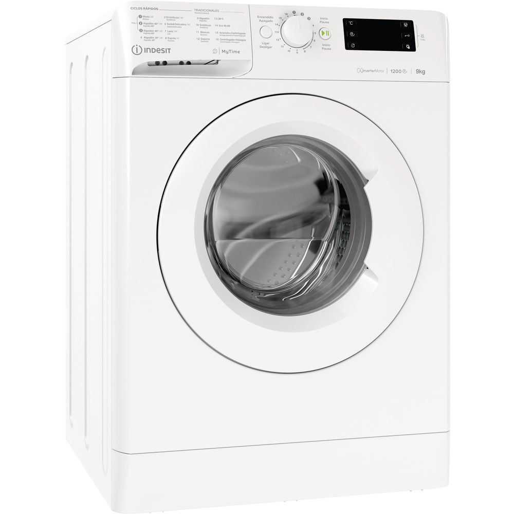 Una lavadora blanca con puerta redonda y panel de control en la parte superior. La marca es Indesit.