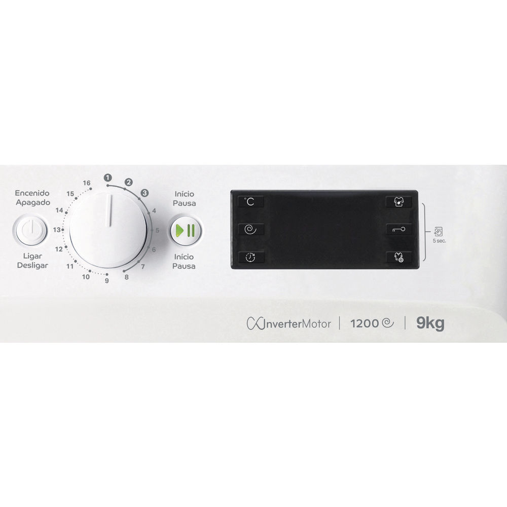 Panel de control de lavadora con botones y dial, fondo blanco.