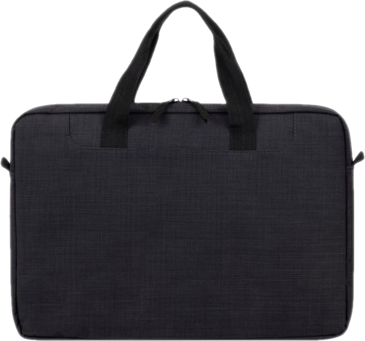 Fekete laptop táska fogantyúval és cipzárral, egyszerű design, fehér háttéren.