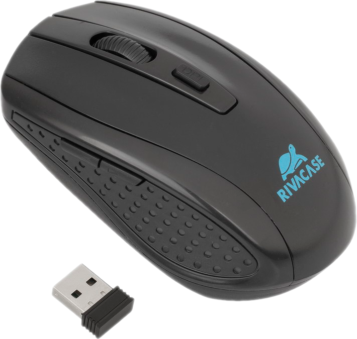 Fekete vezeték nélküli egér USB vevővel fehér felületen.