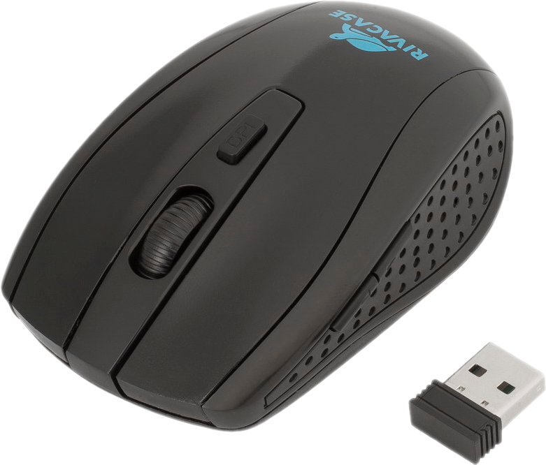Fekete számítógépes egér görgetőkerékkel és Rivacase logóval, USB vevővel.