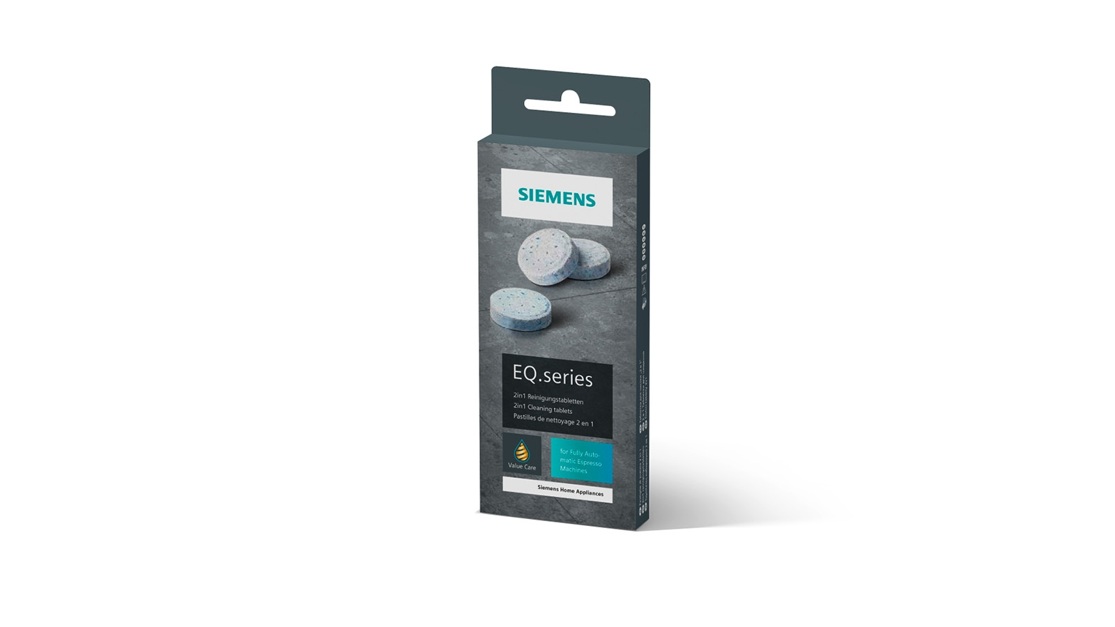 Siemens EQ.series Reinigungstabletten-Verpackung mit Tabletten oben drauf.