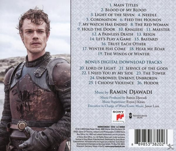 A Trónok harca filmzene CD borítója, egy férfi arcával és a számlistával.