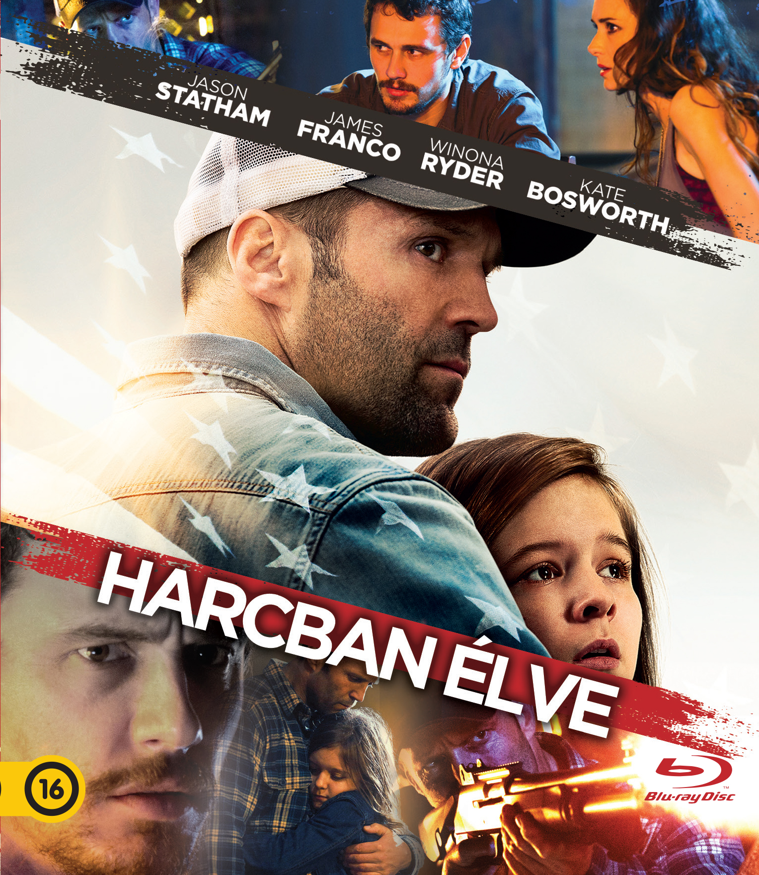 Filmplakát színészek arcával, egy férfi egy kislánnyal, és a 'HARCBAN ÉLVE' felirattal.