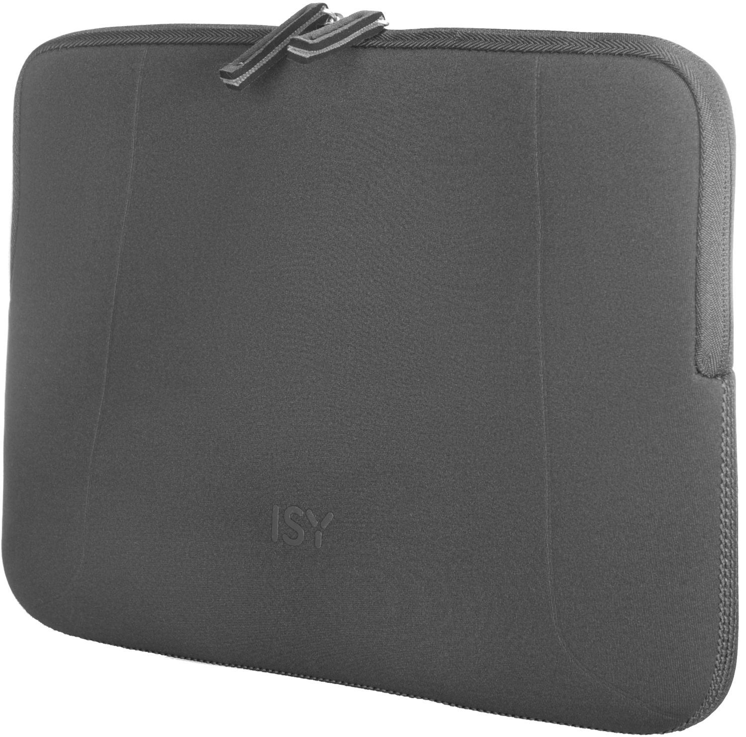 Eine graue Laptoptasche mit Reißverschluss und dem ISY-Logo.