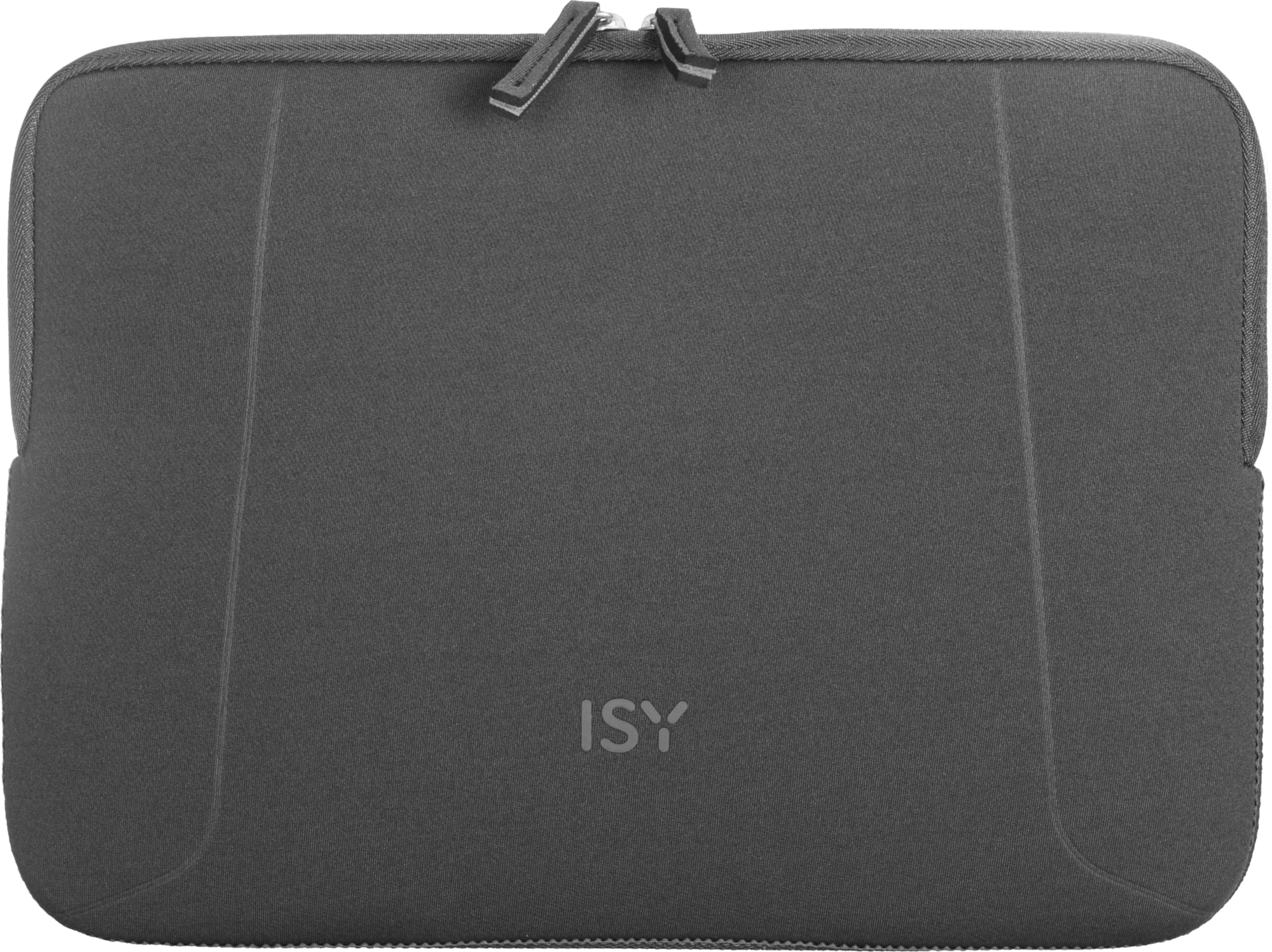 Dunkelgraue Laptoptasche mit Reißverschluss. ISY-Logo unten. Schlichtes, einfaches Design.
