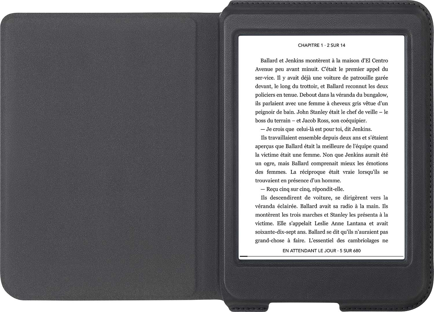 E-reader with text on screen, in a black case.