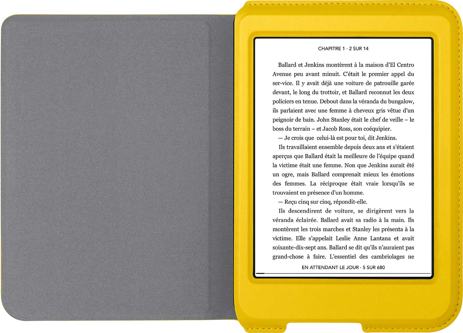 A yellow Kindle in a case, displaying text from a book. Open to chapter 1.
