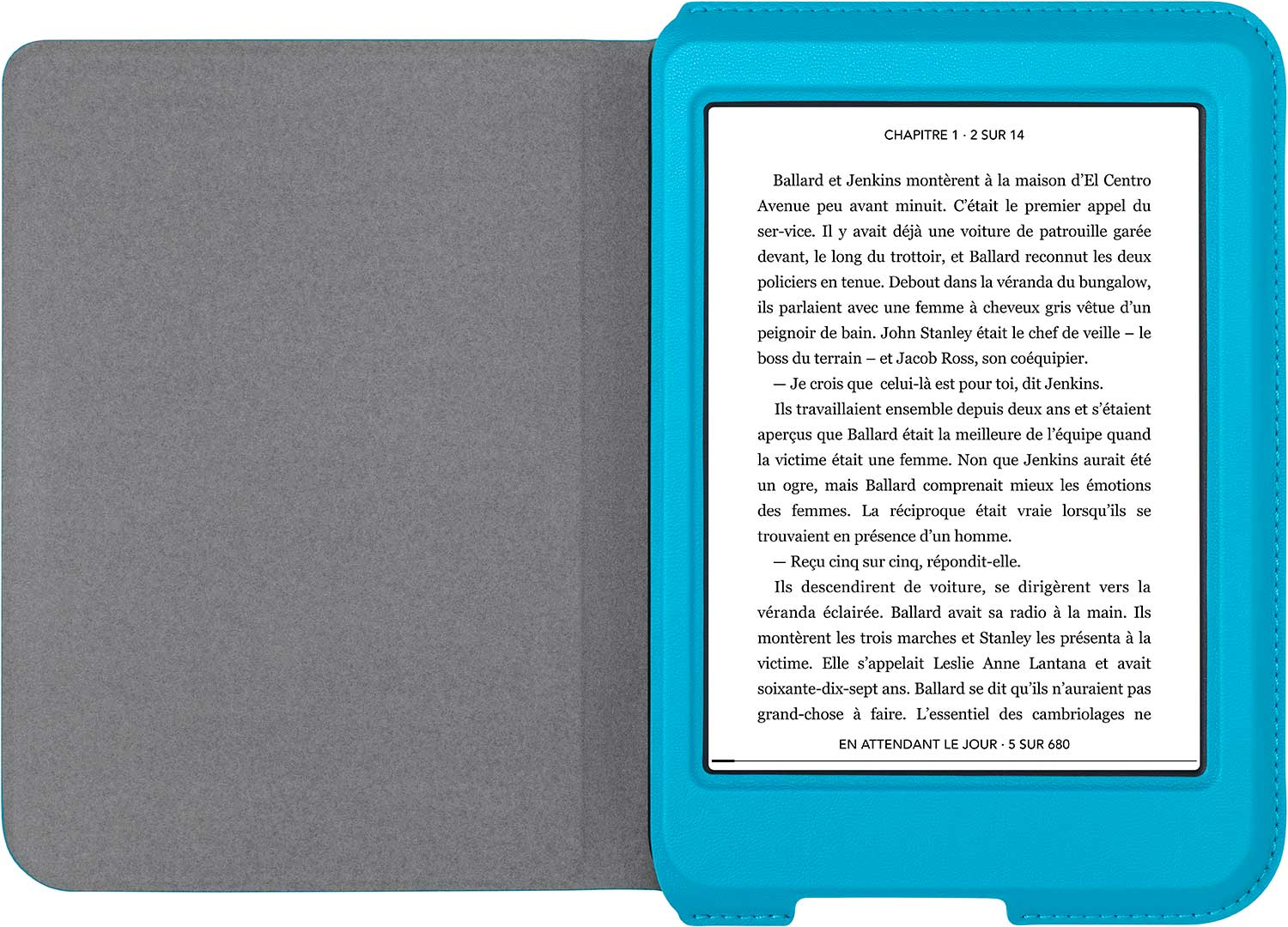 E-reader in blue case with text on the screen.