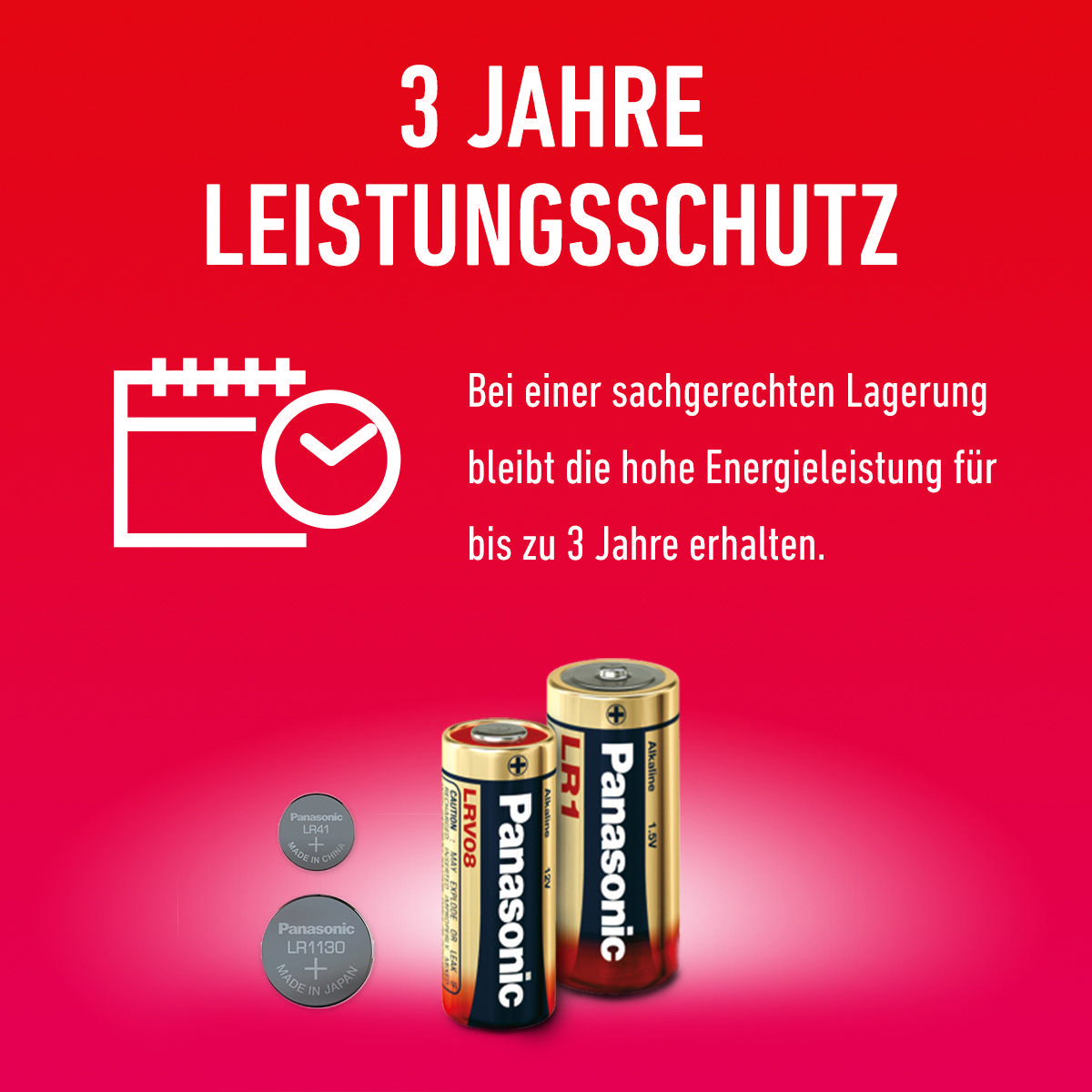 Zwei Panasonic-Batterien und Text auf rotem Hintergrund.
