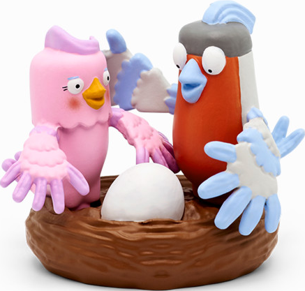 Zwei Zeichentrickvögel in einem Nest. Einer ist rosa, der andere rot, beide mit blauen Akzenten. Es gibt ein Ei.