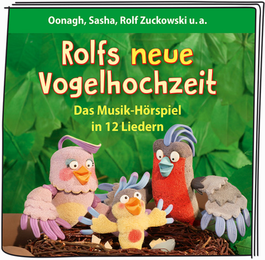 Cover eines Kinderalbums. Drei Vogel-Charaktere mit Nest und Text auf Deutsch.